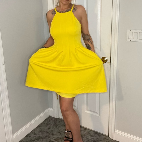 Calvin Klein Yellow Pleated Skater Dress with High Neckline - Picture 12 of 14